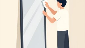 Процесс очистки поверхности двери с зеркалом во весь рост средствами ухода от студии Варимдвери
